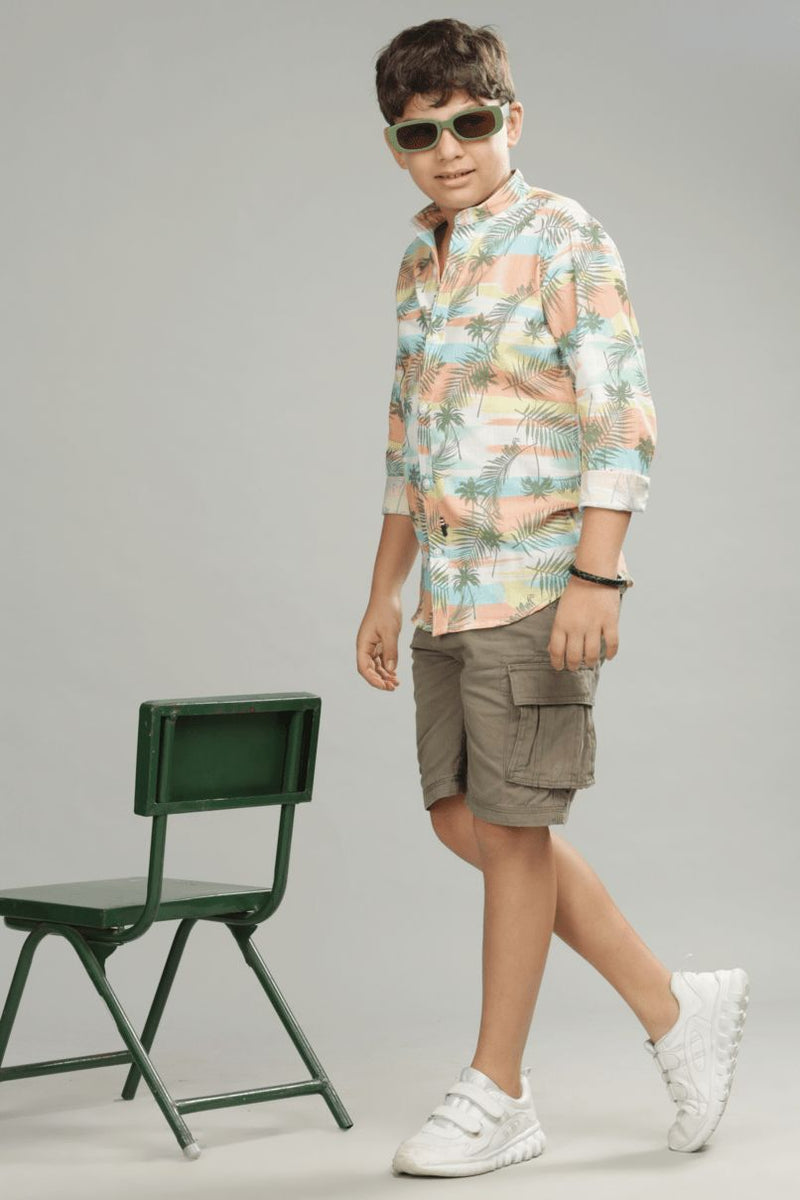 KIDS - Tropical Sunset Print-Chinese Collar-Stain Proof Shirt