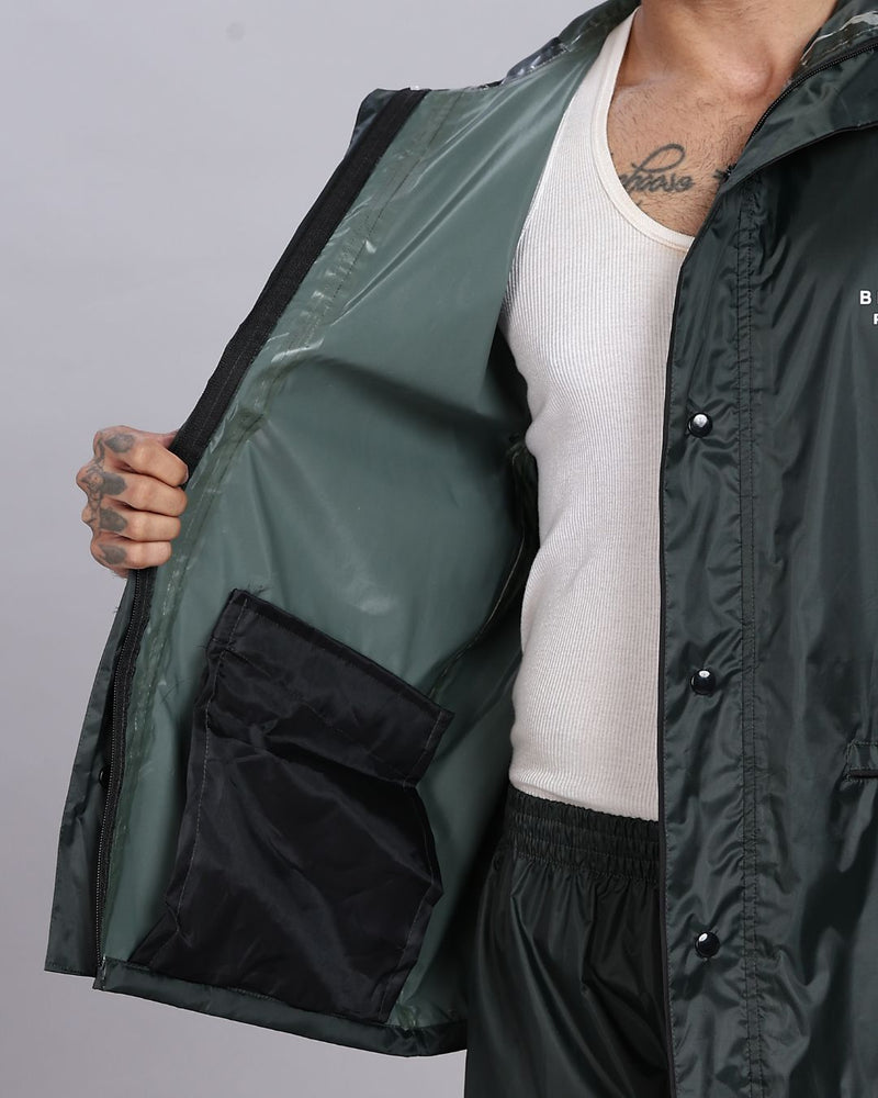 Military Green - Rain Jacket with Pant and Mobile Pouch