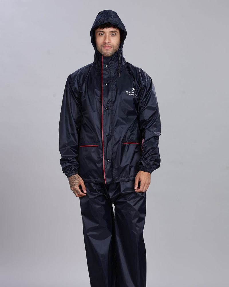 Navy with Red Border - Rain Jacket with Pant and Mobile Pouch