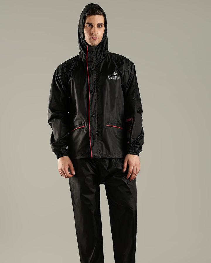 Black with Red Border - Rain Jacket with Pant and Mobile Pouch