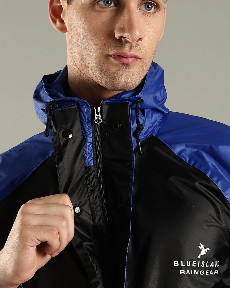 Black with Royal Blue - Rain Jacket with Mobile Pouch