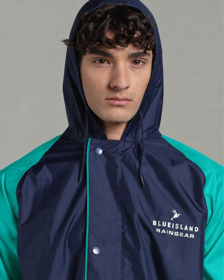 Navy with Teal Sleeve - Rain Jacket with Pant & Mobile Pouch