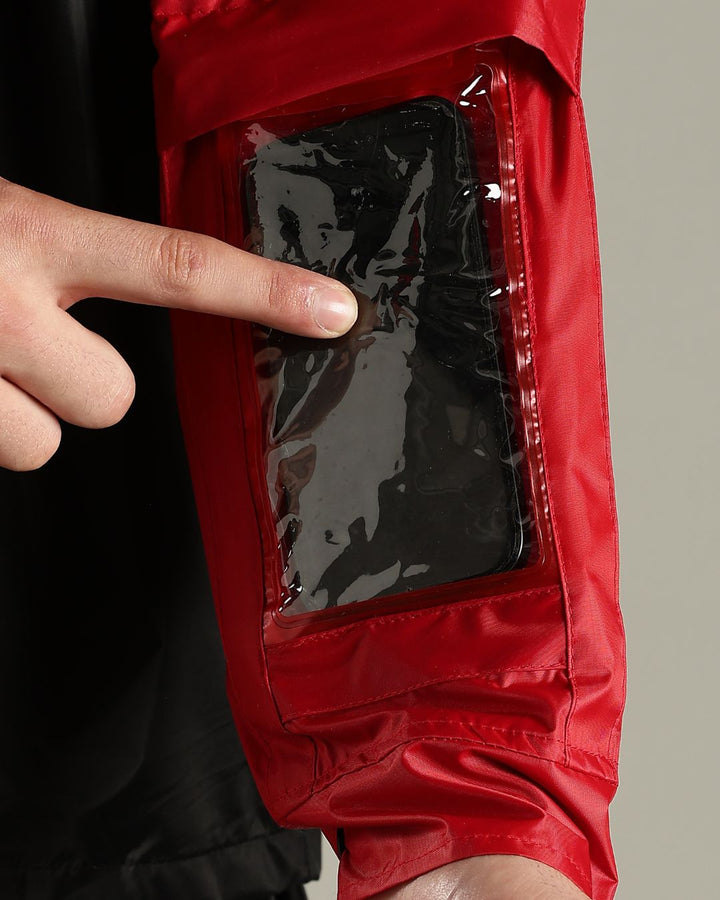 Black with Wine Red - Rain Jacket with Pant and Mobile Pouch