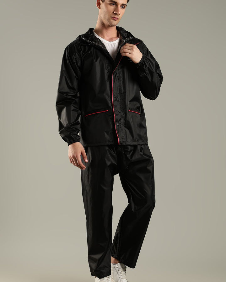Black with Red Border - Rain Jacket with Pant and Mobile Pouch