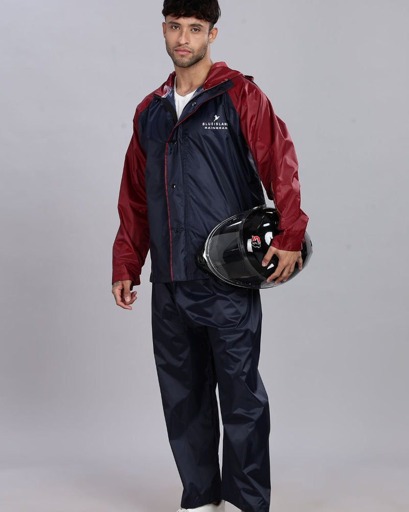 Navy Blue with Maroon - Rain Jacket with Pant and Mobile Pouch