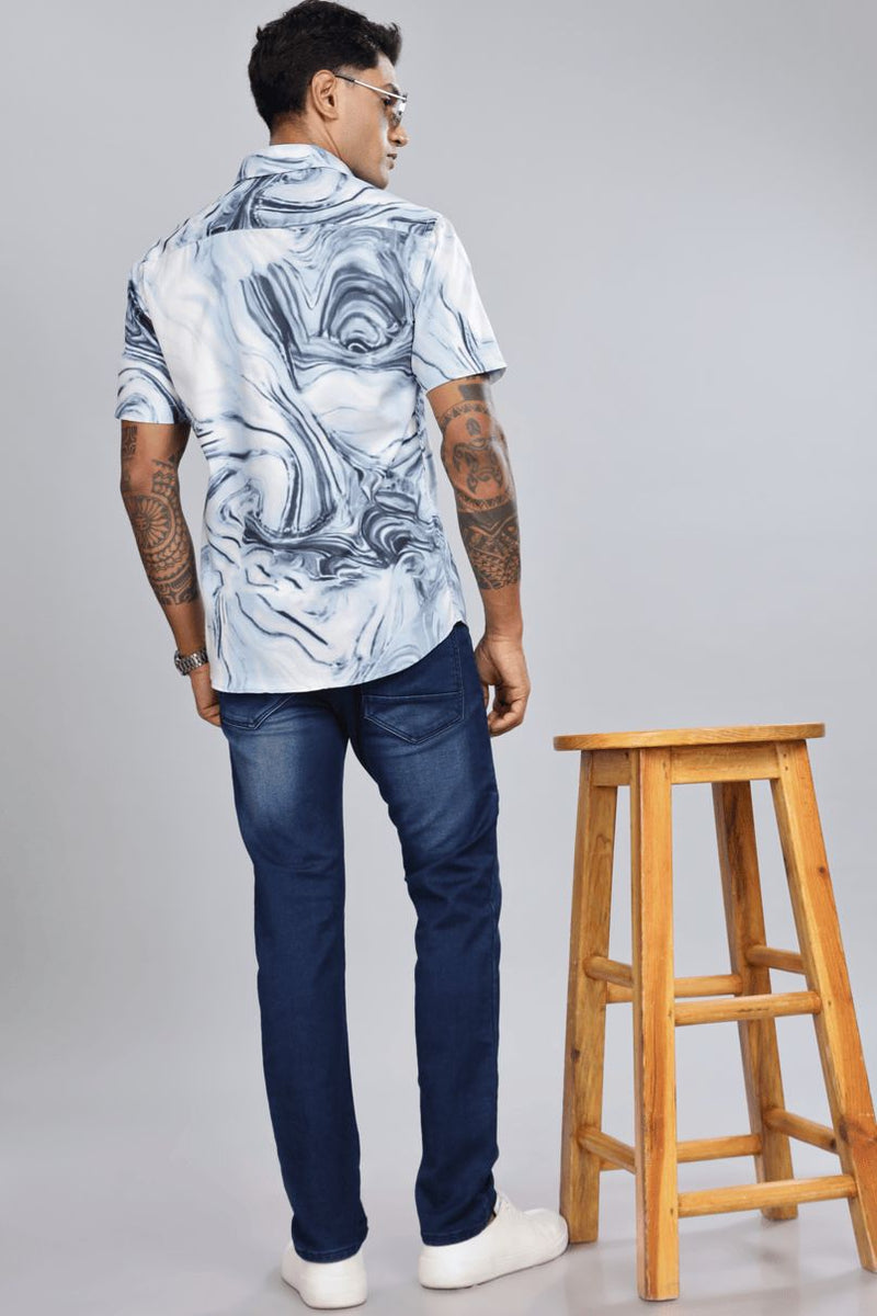 White & Denim Swirl Print - Half Sleeve - Stain Proof