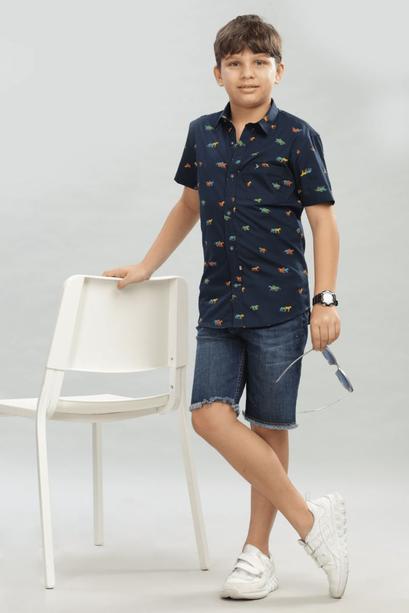 KIDS - Navy Horse Print - Half-Stain Proof Shirt