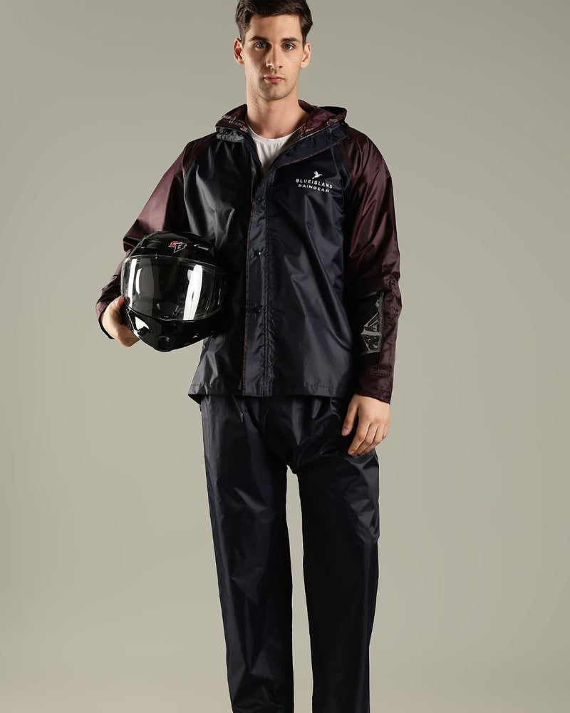 Navy with Burgundy - Rain Jacket with Mobile Pouch