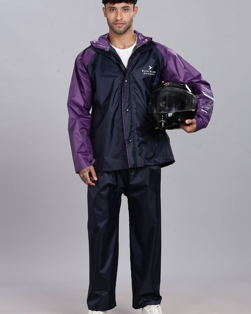 Navy Blue with Violet - Rain Jacket with Pant and Mobile Pouch