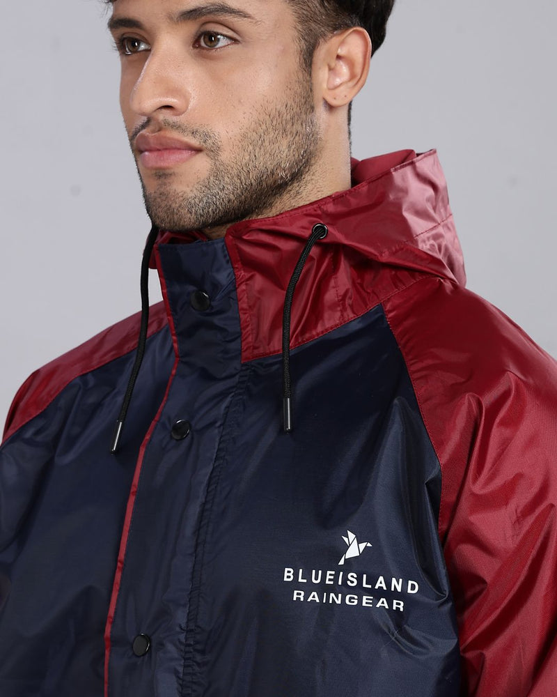 Navy Blue with Maroon - Rain Jacket with Pant and Mobile Pouch