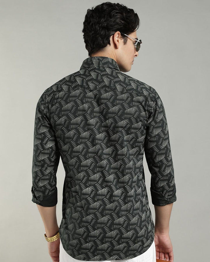 Dark Green Geometric Print-Full-Cotton Linen Shirt