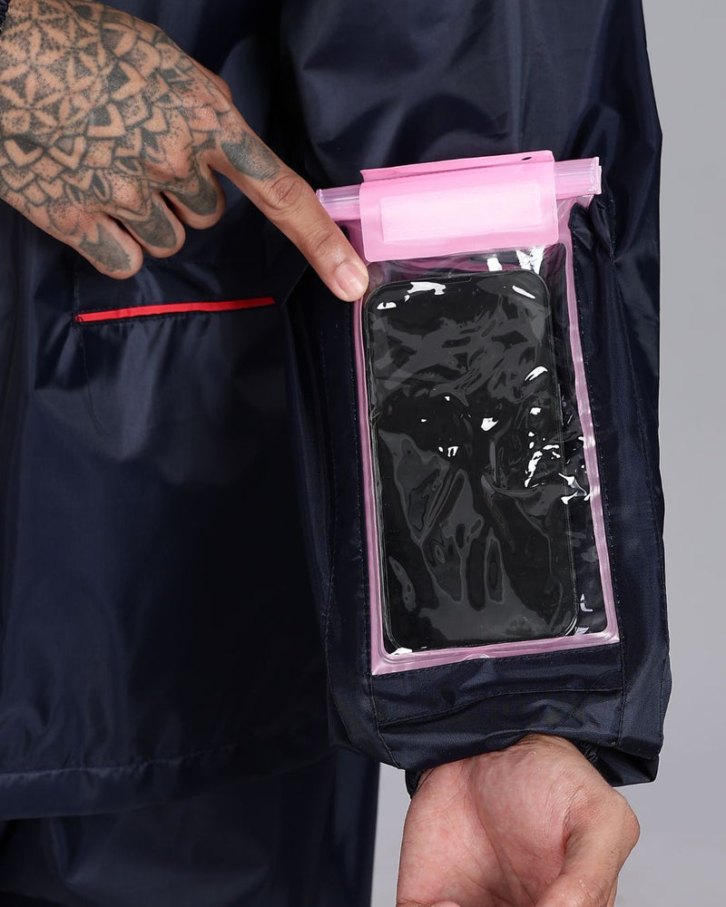 Navy with Red Border - Rain Jacket with Pant and Mobile Pouch