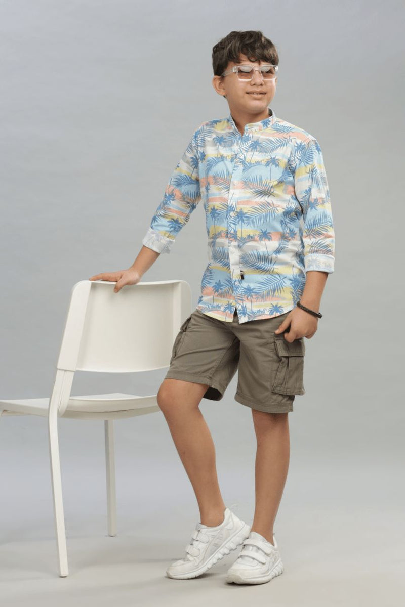 KIDS - Oceanic Blue Print-Chinese Collar-Stain Proof Shirt