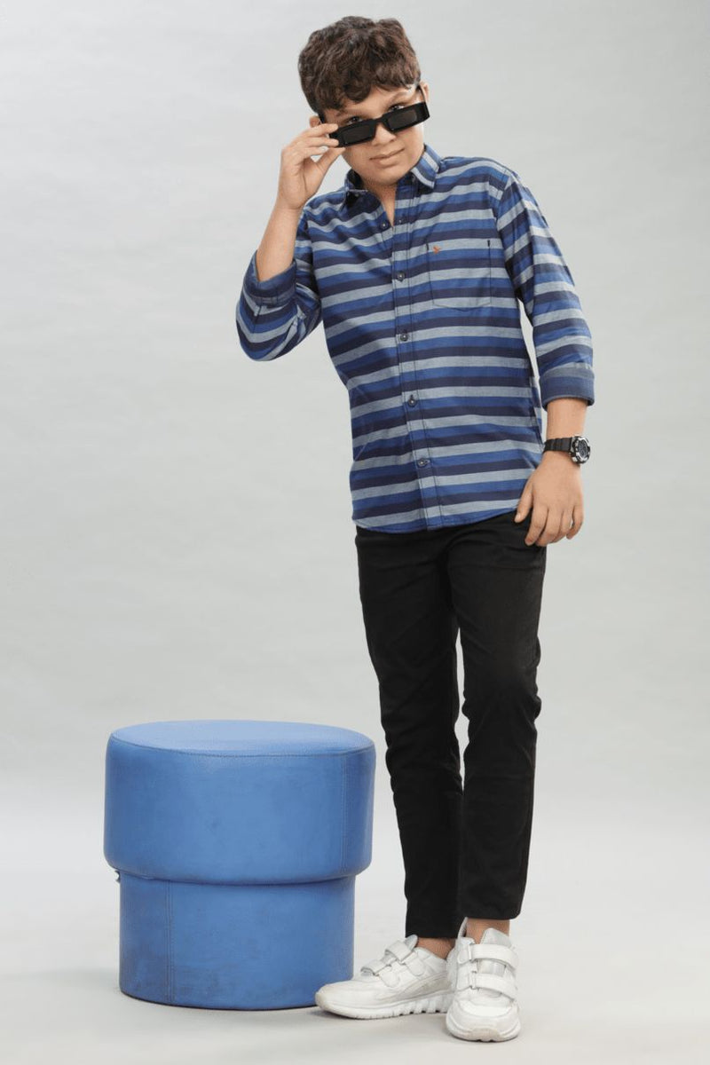 KIDS - Navy & Grey Horizontal Stripes -Stain Proof Shirt