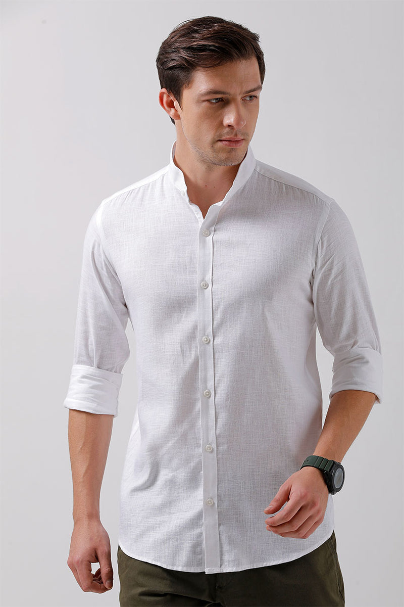White Cotton linen - Chinese Collar-Full-Stain Proof